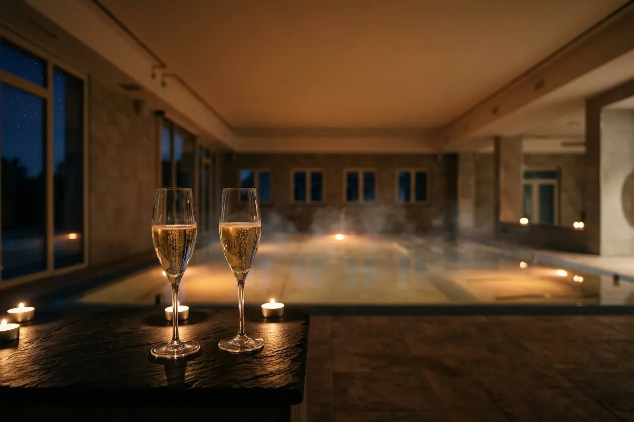 Due flute di spumante e candele a bordo piscina per il pacchetto Relax di Coppia nella SPA del Wellness Resort Tenuta Elisabetta in Maremma.