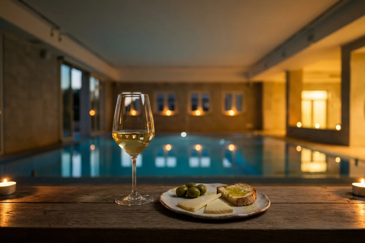 Calice di vino bianco e tagliere toscano con olive, pecorino e pane all'olio per il pacchetto Spa & Aperitivo nella SPA del Wellness Resort Tenuta Elisabetta in Maremma.